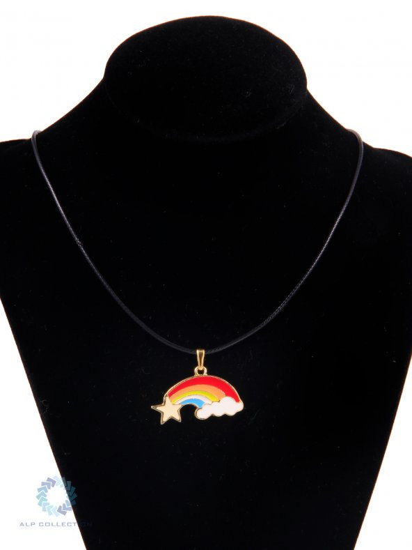 Altın Görünümlü Yıldız Bulut Gökkuşağı Desenli Mineli Suni Deri İpli Metal Kolye