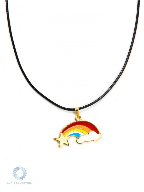 Altın Görünümlü Yıldız Bulut Gökkuşağı Desenli Mineli Suni Deri İpli Metal Kolye - 2