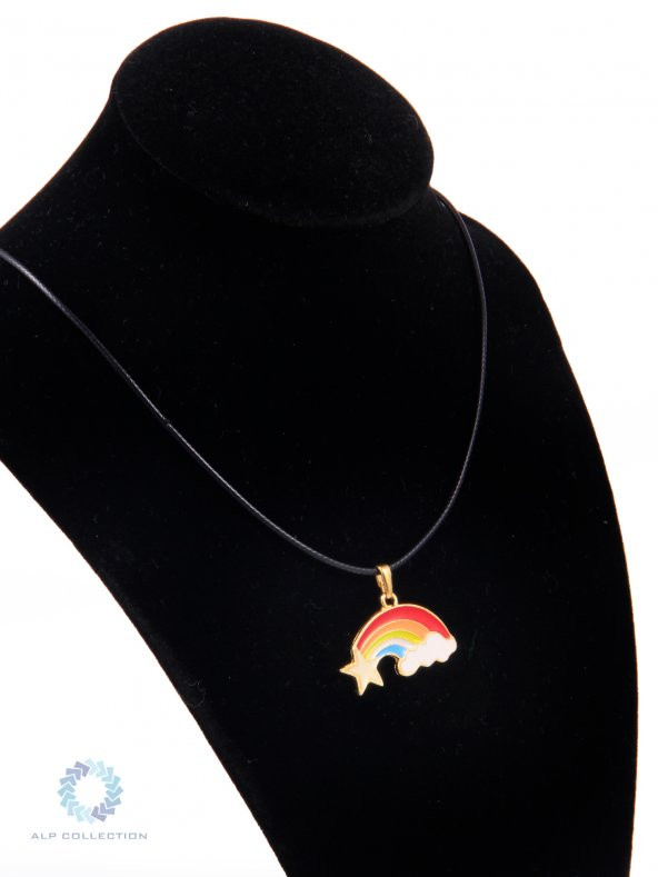 Altın Görünümlü Yıldız Bulut Gökkuşağı Desenli Mineli Suni Deri İpli Metal Kolye - 3
