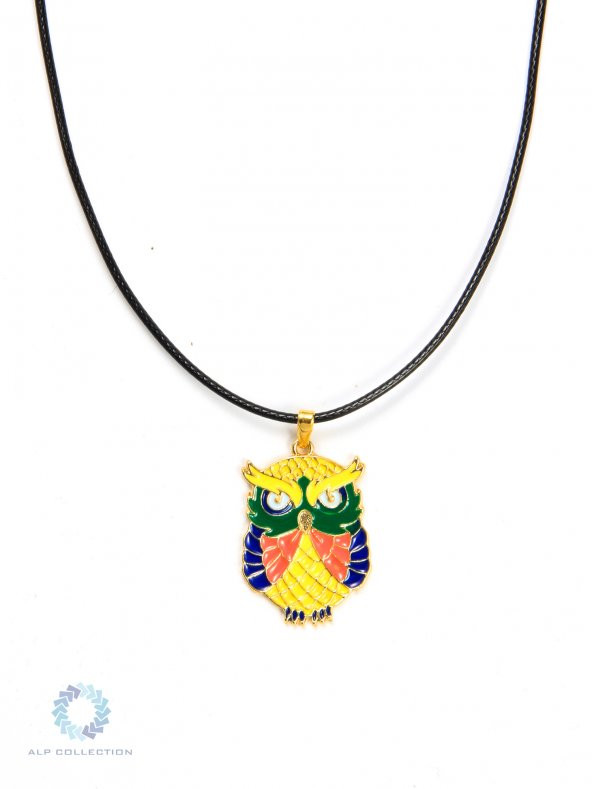 Altın Görünümlü Baykuş Desenli Mineli Suni Deri İpli Metal Kolye