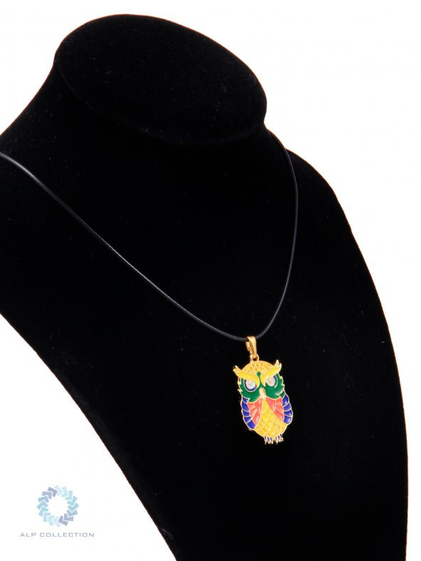 Altın Görünümlü Baykuş Desenli Mineli Suni Deri İpli Metal Kolye - 2