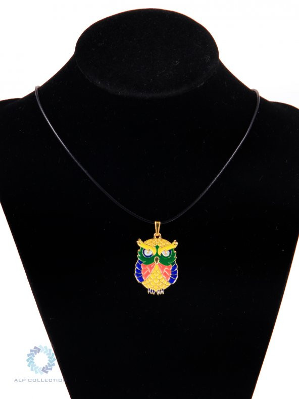 Altın Görünümlü Baykuş Desenli Mineli Suni Deri İpli Metal Kolye - 3