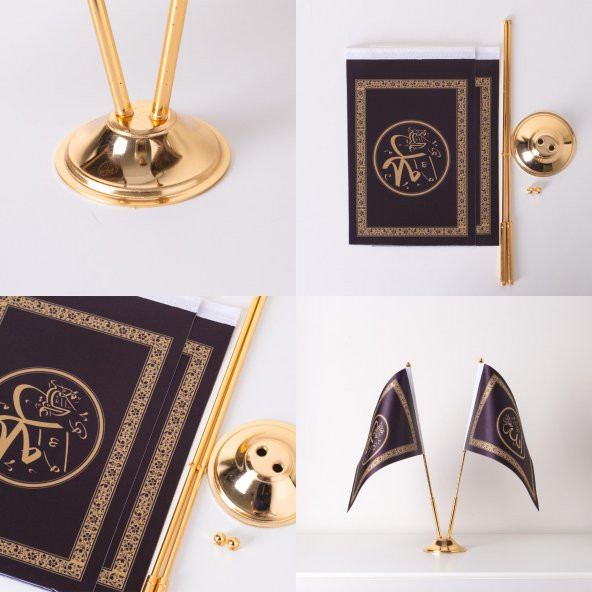 Allah-Muhammed Altın Renk 2li Masa Bayrağı Saten Kumaş Dijital Baskı 15x22,5 cm - 3