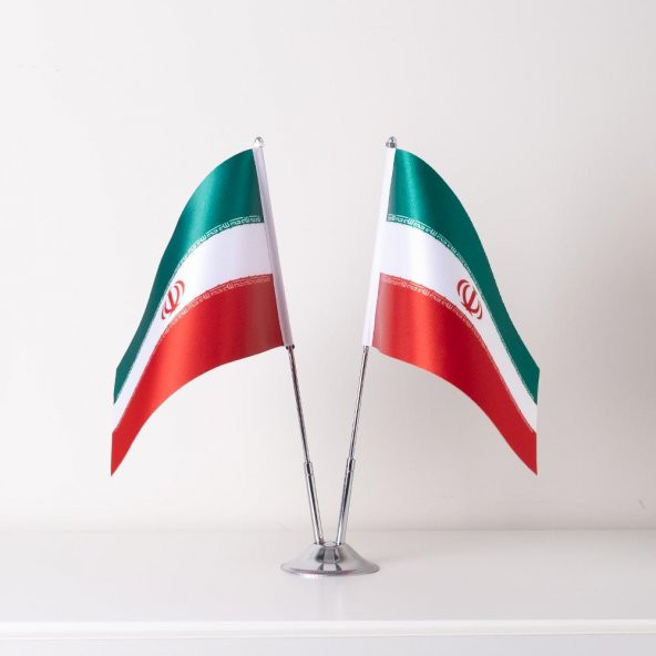İran 2li Masa Bayrağı Saten Kumaş Dijital Baskı 15x22,5 cm