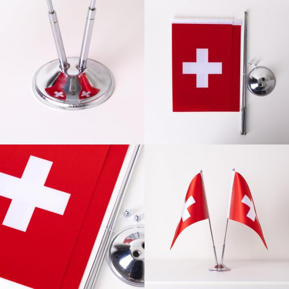 İsviçre 2li Masa Bayrağı Saten Kumaş Dijital Baskı 15x22,5 cm - 4