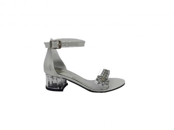 Zerhan ŞEF2 Kız Çocuk Gümüş Şeffaf Tek Bant Taşlı Şeffaf Topuklu Ayakkabı