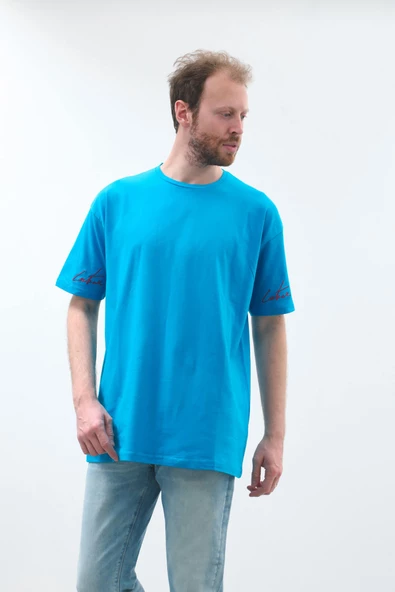 Erkek Mavi Bisiklet Yaka Oversize T-shirt