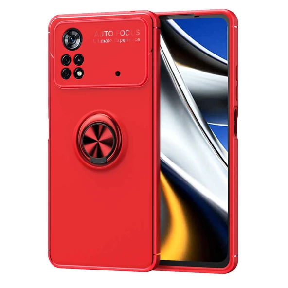 Xiaomi Poco X4 Pro 5G Kılıf Zore Ravel Yüzüklü Silikon Kılıf Kapak  Kırmızı