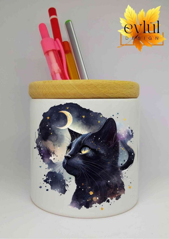 Kedi Baskılı Seramik Kalemlik Ahşap Detaylı Makyaj Fırça Kutusu Kalem Kutusu