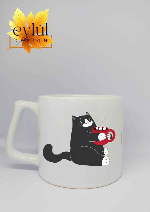 Kahve İçen Kedi Baskılı Lüks Seramik Kupa Bardak Hediye Çay-kahve Bardağı