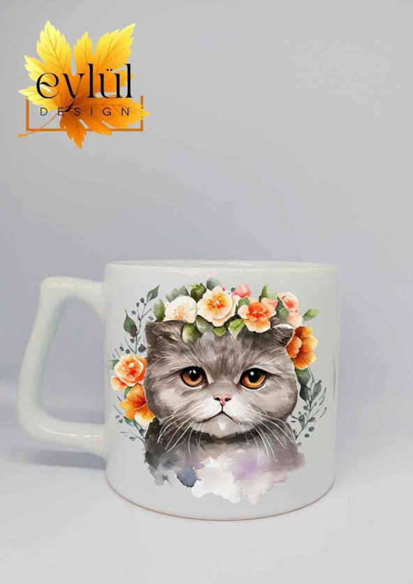 Çiçekli Kedi Baskılı Lüks Seramik Kupa Bardak Hediye Çay-kahve Bardağı