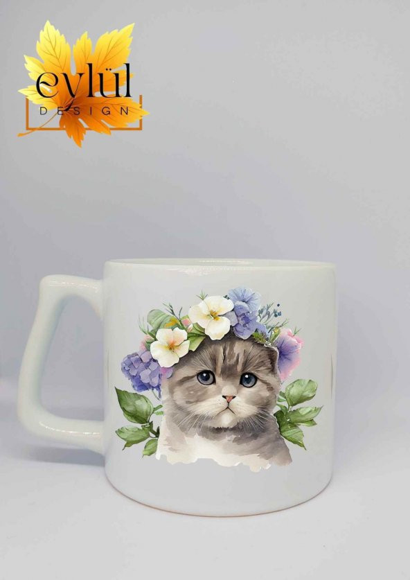Çiçekli Kedi Baskılı Lüks Seramik Kupa Bardak Hediye Çay-kahve Bardağı