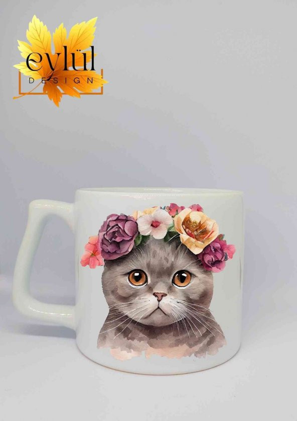 Çiçekli Kedi Baskılı Lüks Seramik Kupa Bardak Hediye Çay-kahve Bardağı