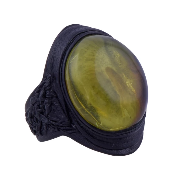 Damla Kehribar Yüzük 5.8 gr Yeşil Taşlı Deri - Resim 2