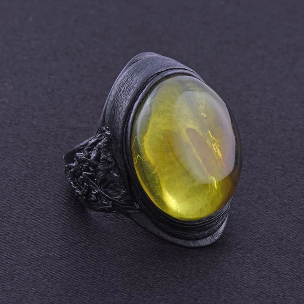 Damla Kehribar Yüzük 5.8 gr Yeşil Taşlı Deri - Resim 3