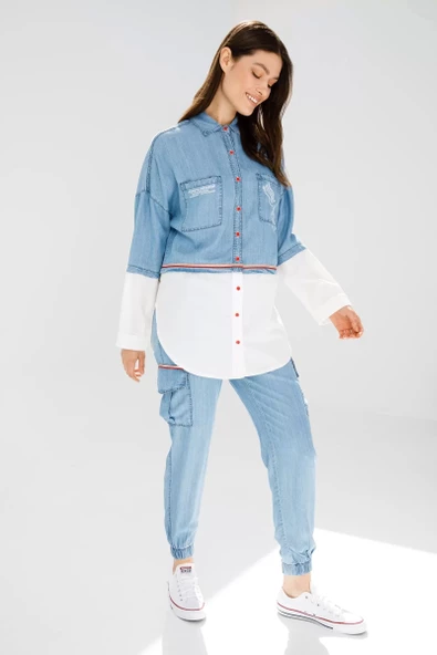 PANTOLON TUNİK TENCEL TAKIM - Lyocell Buz Mavi - 4