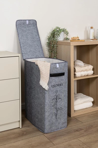Felted Deri Detaylı Lüks Keçe Çamaşır Sepeti - 2