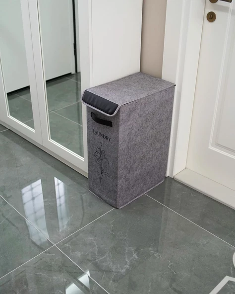 Felted Deri Detaylı Lüks Keçe Çamaşır Sepeti - 7