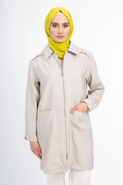 Dokuma Fermuarlı Ceket - Taş - 5