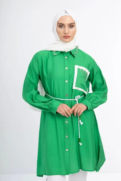 YAKA TAŞ DETAYLI TUNİK - Benetton Yeşil - 5