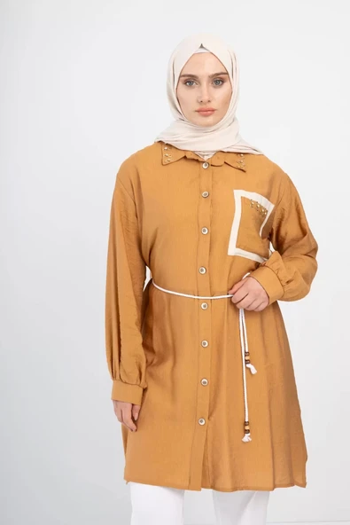 YAKA TAŞ DETAYLI TUNİK - Camel - 7