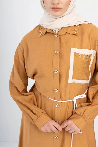 YAKA TAŞ DETAYLI TUNİK - Camel - 8
