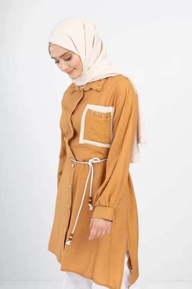 YAKA TAŞ DETAYLI TUNİK - Camel - 4