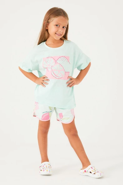 Roly Poly 3086 Fruit Pattern Açık Yeşil Kız Çocuk Şort Takım - 11