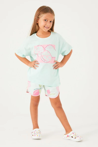 Roly Poly 3086 Garson Fruit Pattern Açık Yeşil Kız Çocuk Şort Takım - 6