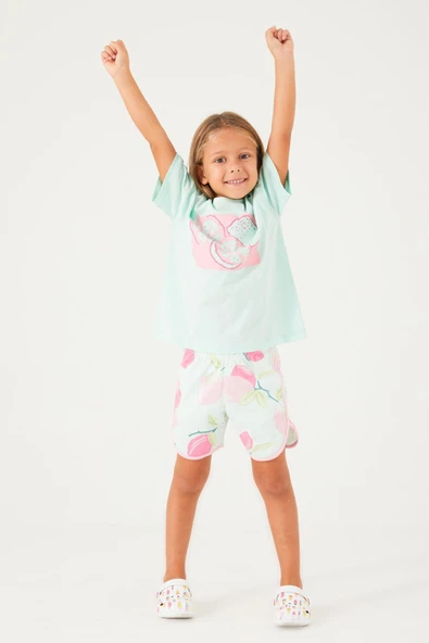 Roly Poly 3086 Garson Fruit Pattern Açık Yeşil Kız Çocuk Şort Takım - 8