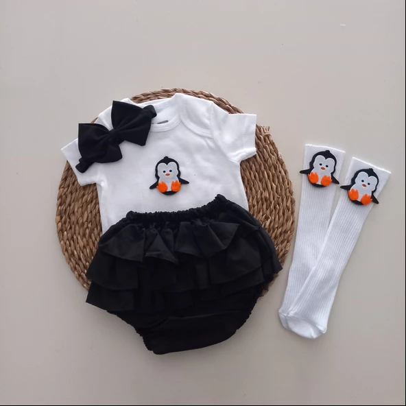 MARS BABY Kız Bebek Siyah Penguen Fırfır Şort Etek Bodyli Çorap Takımı