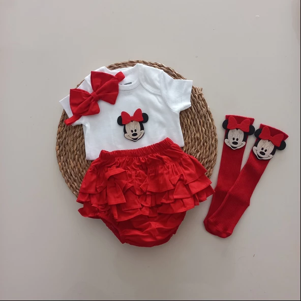 MARS BABY Kız Bebek Kırmızı Minnie'li Fırfır Şort Etek Bodyli Çorap Takımı