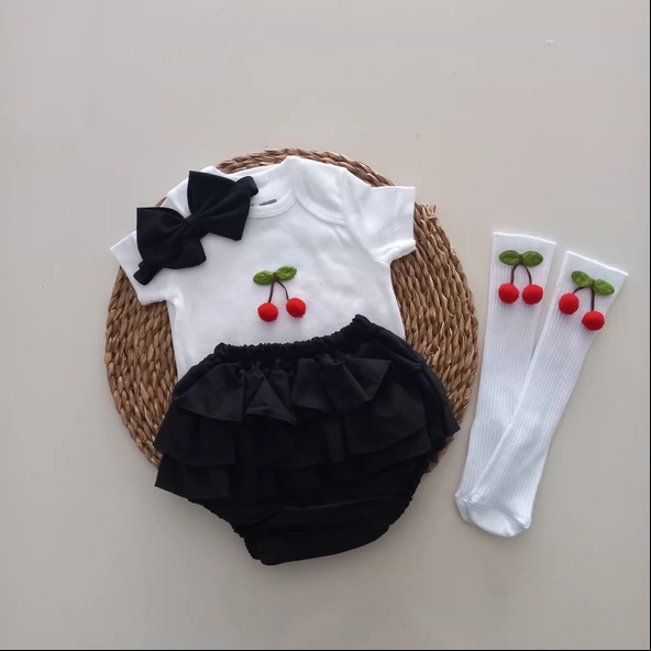 MARS BABY Kız Bebek Siyah Ponpon Kiraz Fırfır Şort Etek Bodyli Çorap Takımı