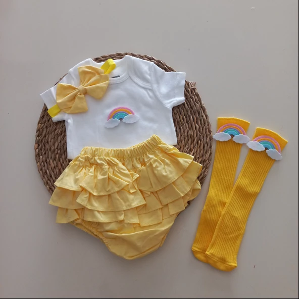 MARS BABY Kız Bebek Sarı Gökkuşaklı Fırfır Şort Etek Bodyli Çorap Takımı