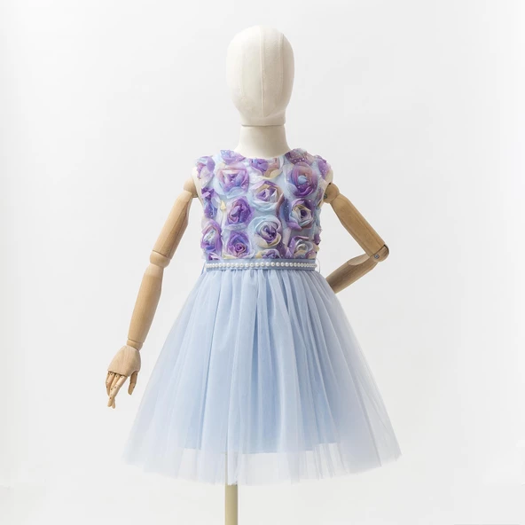 Çiçek Detaylı Tül Kız Bebek Bayramlık Abiye Özel Gün Doğum Günü Gelinlik Elbisesi 22320 - 3