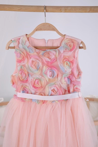 Çiçek Detaylı Tül Kız Bebek Bayramlık Abiye Özel Gün Doğum Günü Gelinlik Elbisesi 22320 - 4