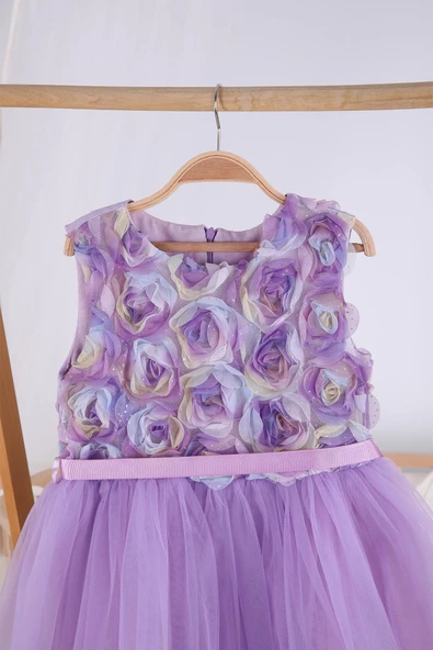 Çiçek Detaylı Tül Kız Bebek Bayramlık Abiye Özel Gün Doğum Günü Gelinlik Elbisesi 22320 - 8