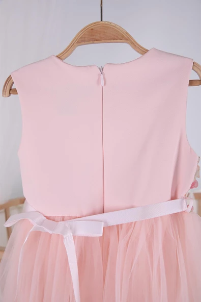 Çiçek Detaylı Tül Kız Bebek Bayramlık Abiye Özel Gün Doğum Günü Gelinlik Elbisesi 22320 - 5