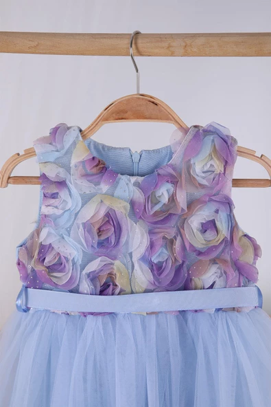 Çiçek Detaylı Tül Kız Bebek Bayramlık Abiye Özel Gün Doğum Günü Gelinlik Elbisesi 22320 - 6