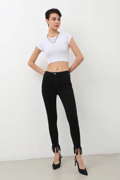 Kadın Skinny Fit Paçası Saçaklı Jean Pantolon Siyah - 2