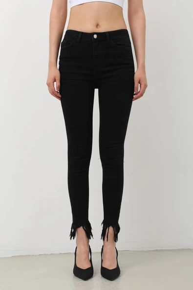 Kadın Skinny Fit Paçası Saçaklı Jean Pantolon Siyah - 4