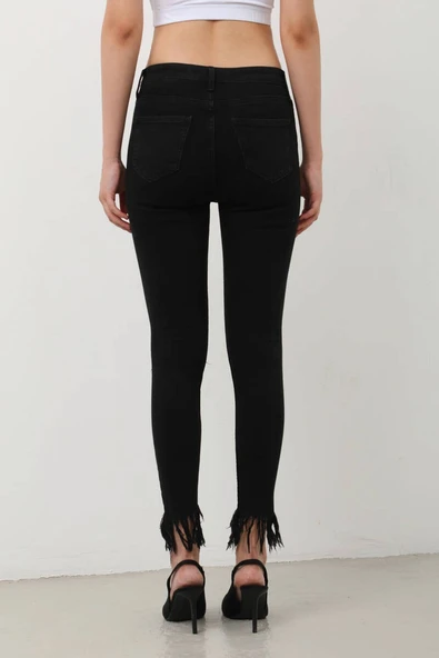 Kadın Skinny Fit Paçası Saçaklı Jean Pantolon Siyah - 5