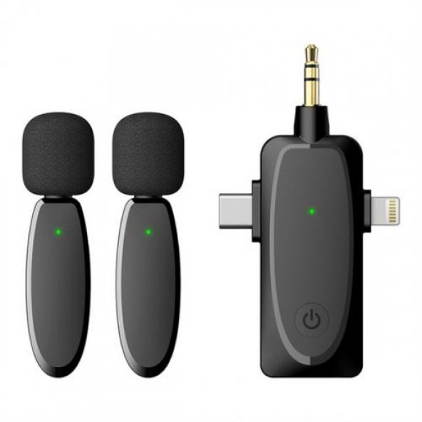 Polham 2.4GHz 3in1 3.5mm,Type C, İphone Lightning Girişli 120Metre Mesafeli Kablosuz Yaka Mikrofonu