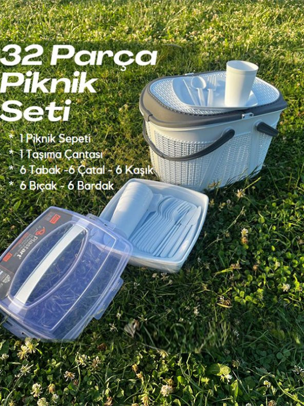 King Mop 32 Parça Piknik Seti ( Sepet + Çantalı Bardak,Çatal,Kaşık,Bıçak,Tabak Seti ) | 32 Piece Picnic Set