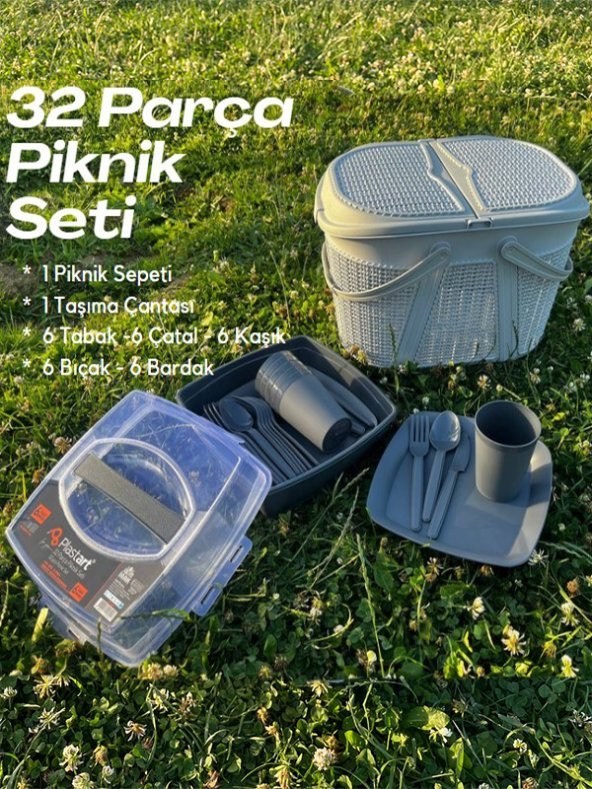 King Mop 32 Parça Piknik Seti ( Sepet + Çantalı Bardak,Çatal,Kaşık,Bıçak,Tabak Seti ) | 32 Piece Picnic Set