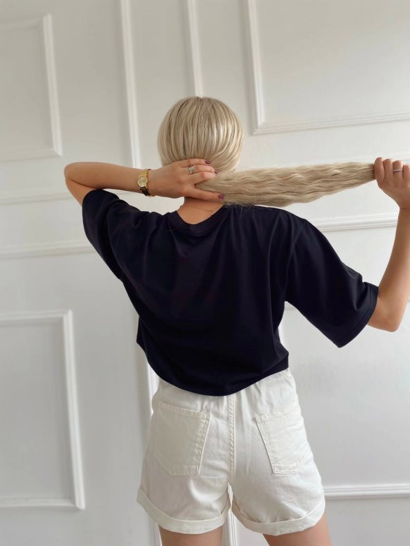 Kadın Oversize Crop Tişört Siyah - 4