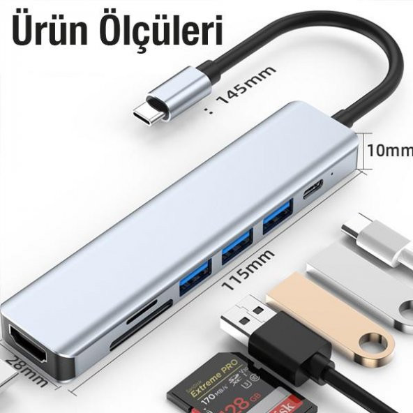 Coofbe 7in1 Type-C HUB Type-C Dönüştürücü Çoğaltıcı Hub 30HZ 4K 1080P HDMI Usb Çoğaltıcı Sd Kart Giriş - 4
