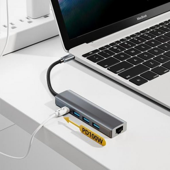 Coofbe Pd 100W 5in1 Type-C HUB RJ45 Type-c Dönüştürücü Çoğaltıcı USB3.0 Çoğaltıcı Ethernet Dönüştürücü - 2
