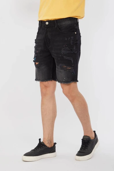 Erkek Paçası Kesik Boyalı Jean Şort Siyah - 2