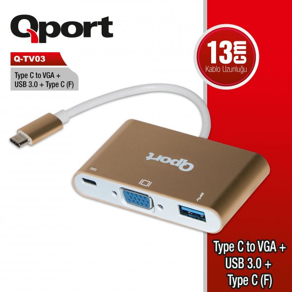 Q-TV03 Q-TV03 TYPE-C TO VGA+USB 3.0+TYPE-C (F) 1920*1080P ÇEVİRİCİ CONVERTER